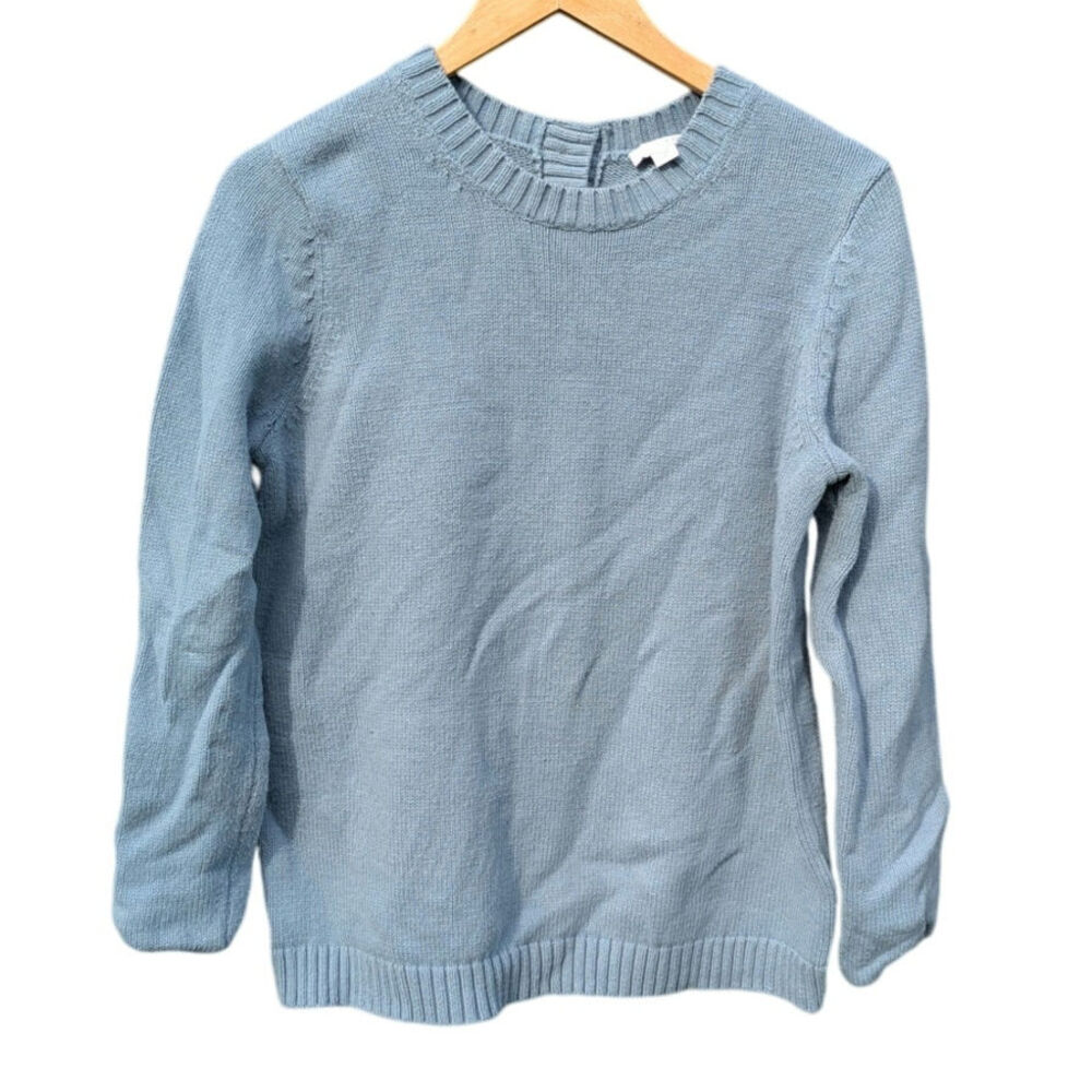 J Jill S Blue knit button back cottage sweater cotton Camel Hair cozy preppy